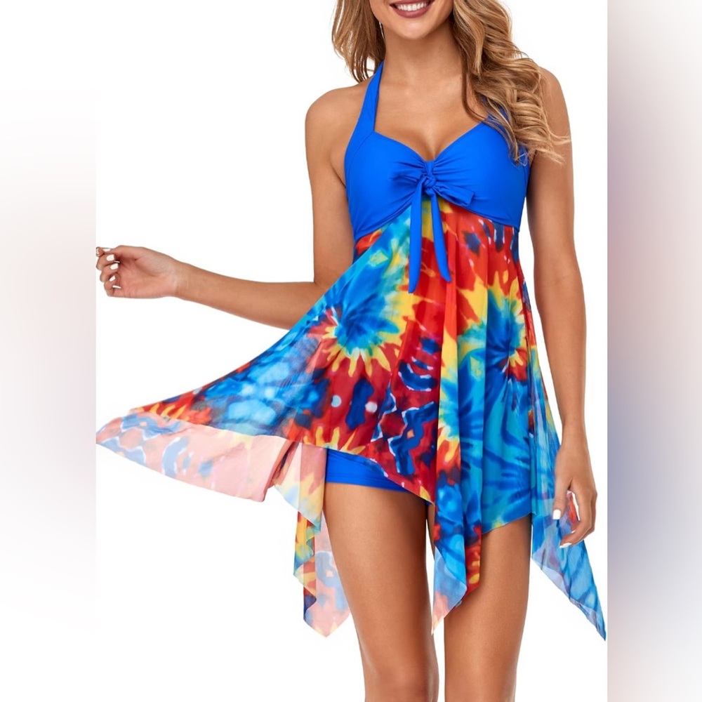 MiYang Tankini Swimdress with Boyshorts Two Piece VNeck Bowknot Halter Bathing